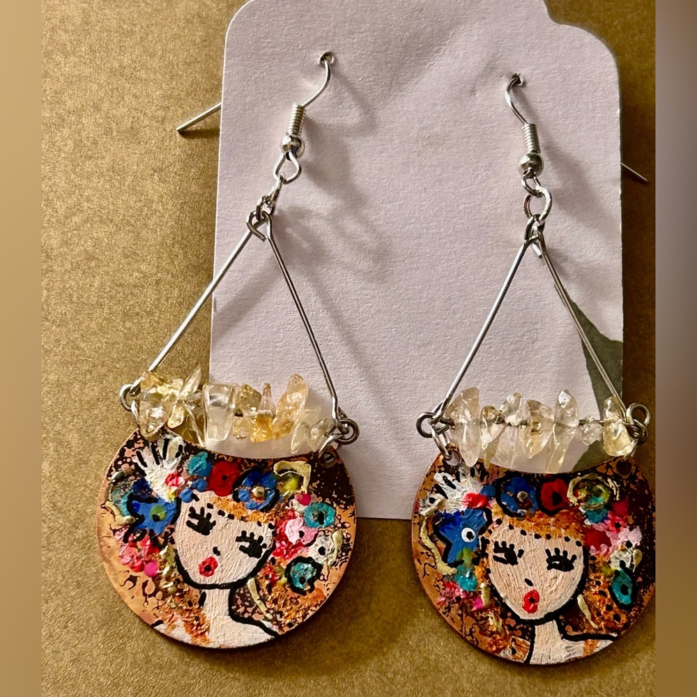 NWOT Earrings Artisan “Flower Fairies” bright mini Oil paintings, Citrine stones